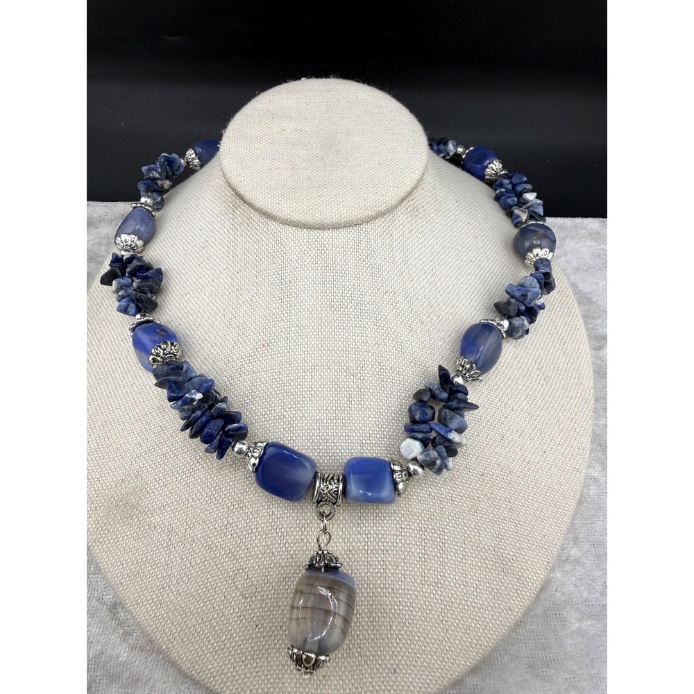 Vintage Estate Necklace Blue Agate Stone Beaded Silver Tone 20in